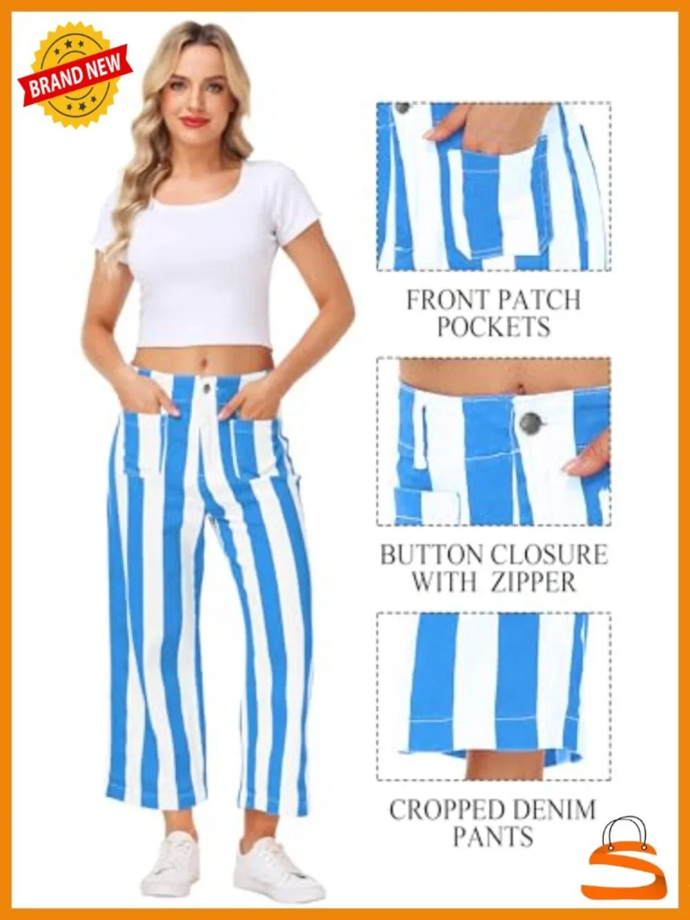 Striped High Rise Wide Leg Cropped Stretchy Denim Jeans with Pockets
